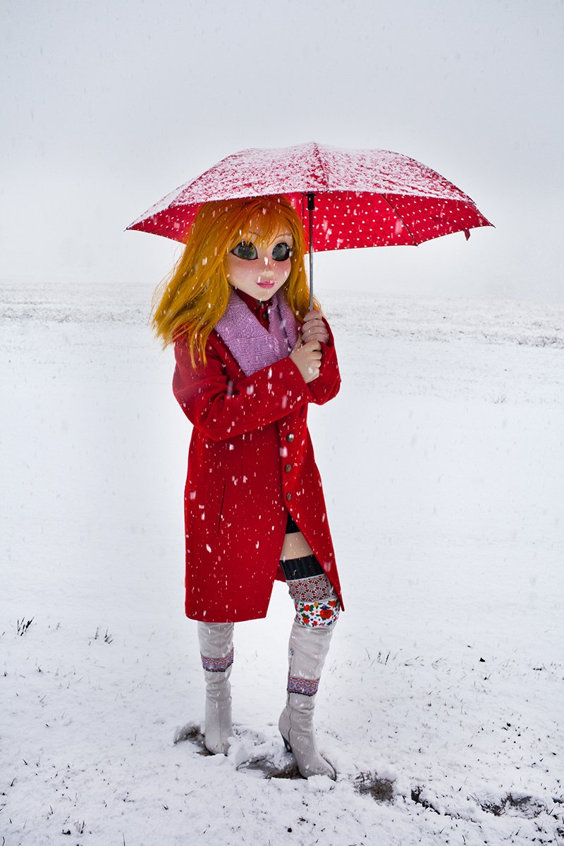 Laurie Simmons,Yellow Hair/Red Coat/Umbrella/Snow, 2014, Pigment print, 70 x 40 inches