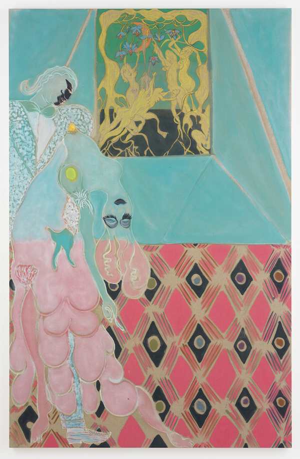 Chris Ofili, Ovid-Desire, 2011–12. Oil, pastel, and charcoal on linen, 122 x 78 3/4 in (310 x 200 cm). © Chris Ofili. Courtesy the artist, David Zwirner, New York / London and Victoria Miro, London