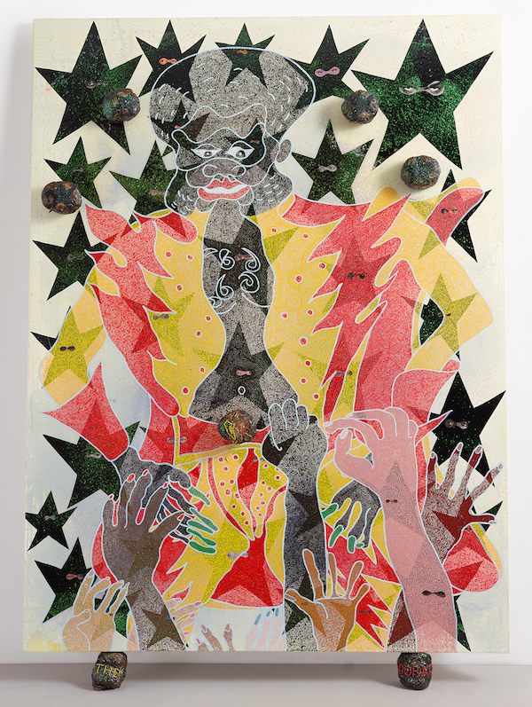 Chris Ofili, The Adoration of Captain Shit and the Legend of the Black Stars (ThirdVersion), 1998. Oil, acrylic, polyester resin, paper collage, glitter, map pins, and elephant dung on linen, 96 x 72 in (243.8 x 182.8 cm). © Chris Ofili. Courtesy the artist, David Zwirner, New York / London and Victoria Miro, London